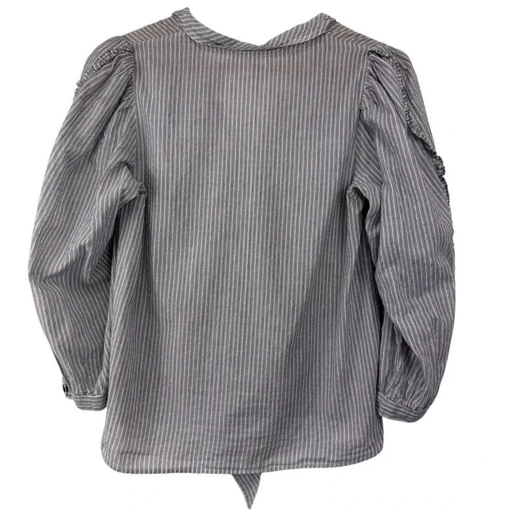 Ulla Johnson Striped Tie Neck Blouse Blue White‎ Gold Lurex Ruffle Sleeve Size 2